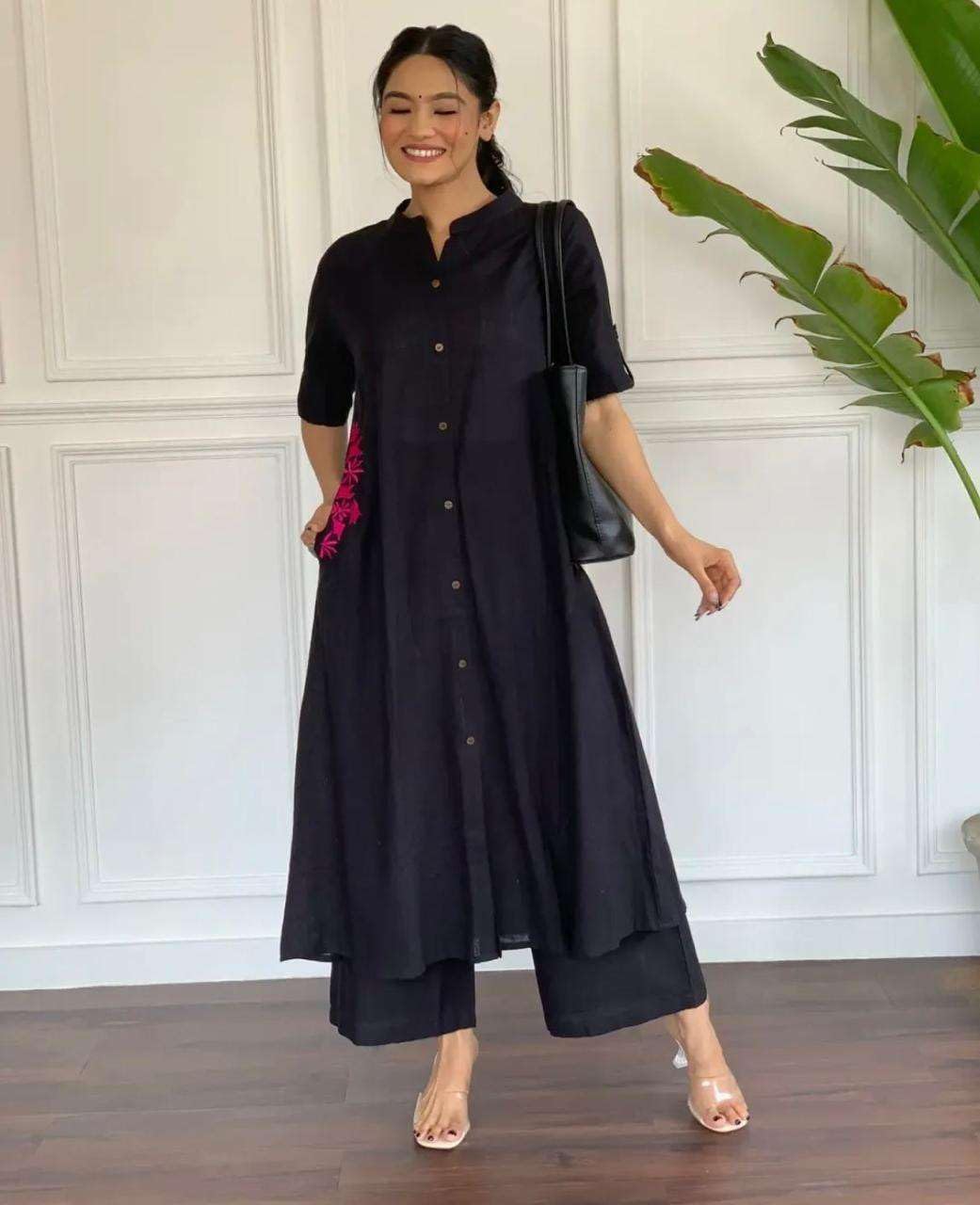 Elegant Black Kurta Set with Pink Embroidery | Women’s Ethnic Outfit (BLACKLUXE CRAFTS) - BLACKLUXECRAFTS