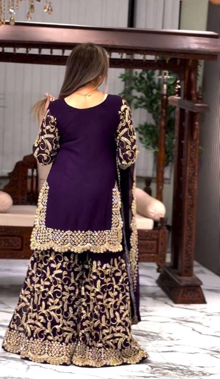 Purple Embroidered Kurta Sharara Set with Dupatta – Luxury Indian Wedding & Party Wear Outfit for Women (BLACKLUXE CRAFTS) - BLACKLUXECRAFTS