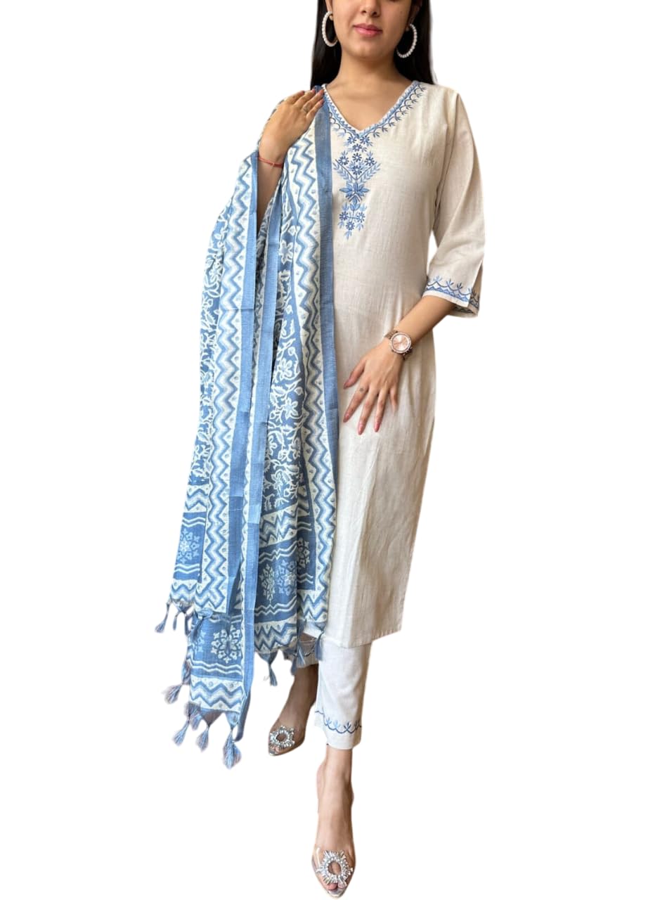 Elegant Cream Kurta Set with Blue Embroidery & Printed Dupatta | Women’s Ethnic Wear (BLACKLUXE CRAFTS) - BLACKLUXECRAFTS