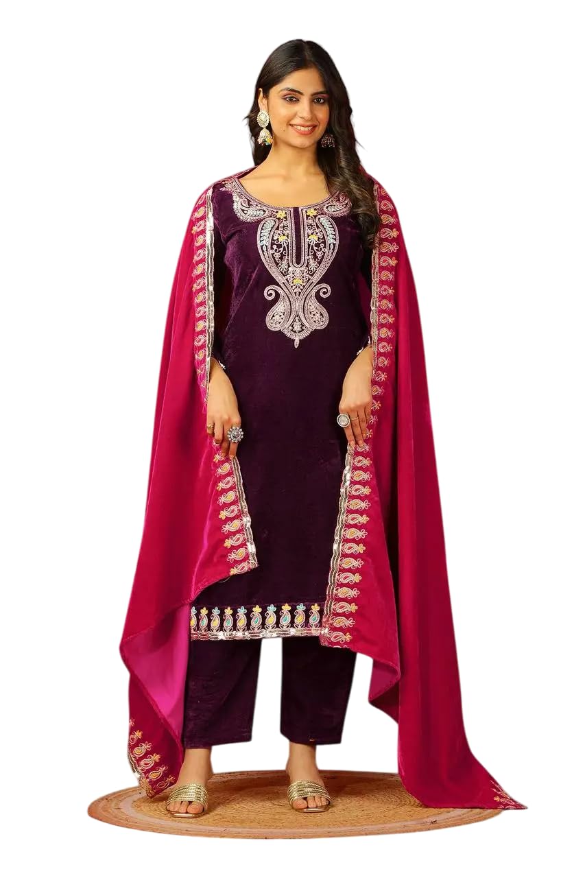 Velvet Embroidered Suit Set with Pink Dupatta – Designer Indian Wedding & Festive Wear Outfit (BLACKLUXE CRAFTS) - BLACKLUXECRAFTS