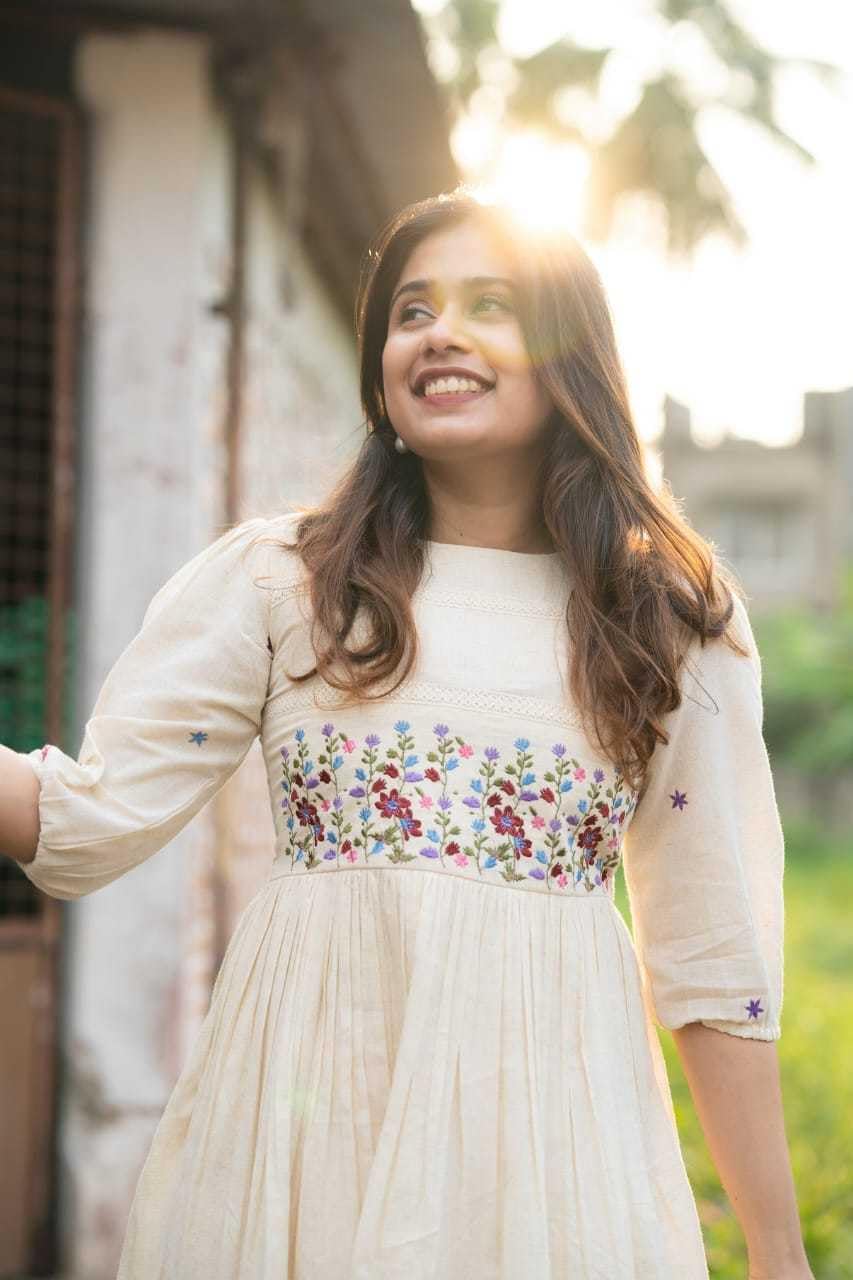 Cream Cotton Embroidered Dress – Handcrafted Floral Boho Ethnic Wear for Women (BLACKLUXE CRAFTS) - BLACKLUXECRAFTS