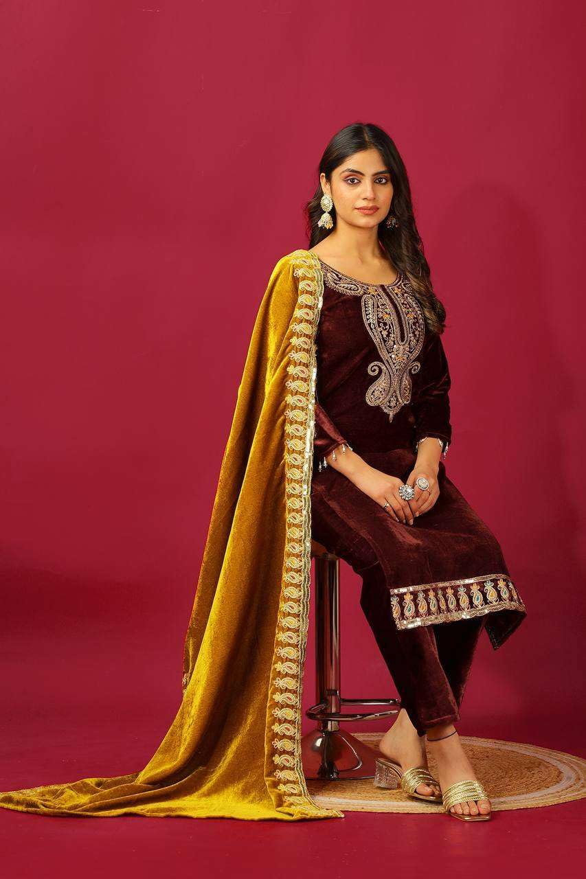 Velvet Embroidered Suit Set with Pink Dupatta – Designer Indian Wedding & Festive Wear Outfit (BLACKLUXE CRAFTS) - BLACKLUXECRAFTS