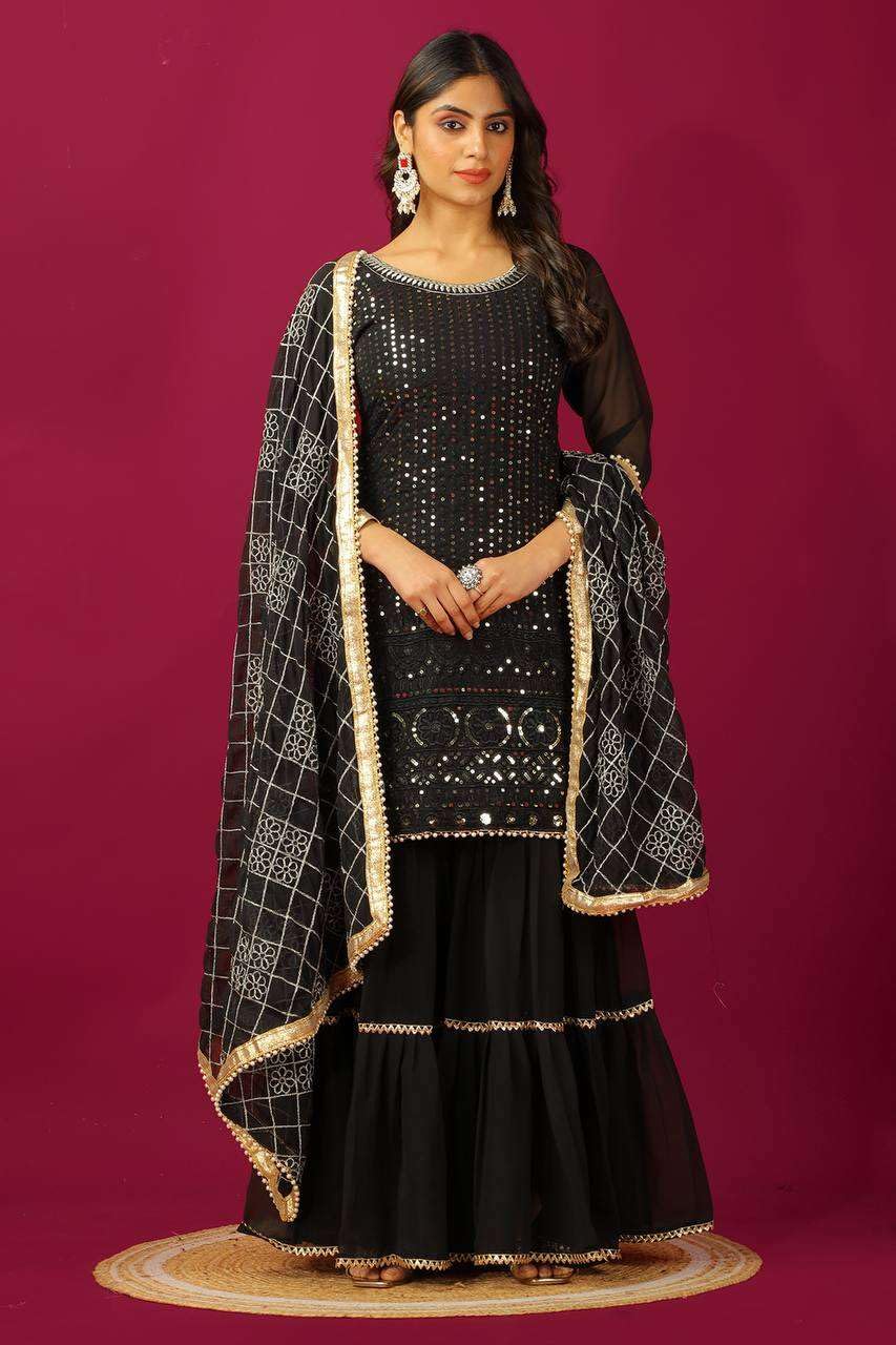 Georgette Sharara Suit with Mirror Work & Embroidered Dupatta | Party Wear Indian Ethnic Set (BLACKLUXE CRAFTS) - BLACKLUXECRAFTS