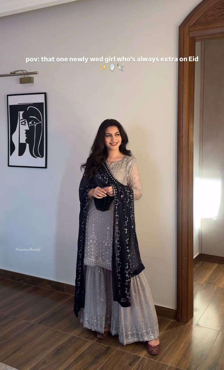 Women's Faux Georgette Embroidered Straight Kurti with Sharara and Dupatta Set (BLACKLUXE CRAFTS) - BLACKLUXECRAFTS