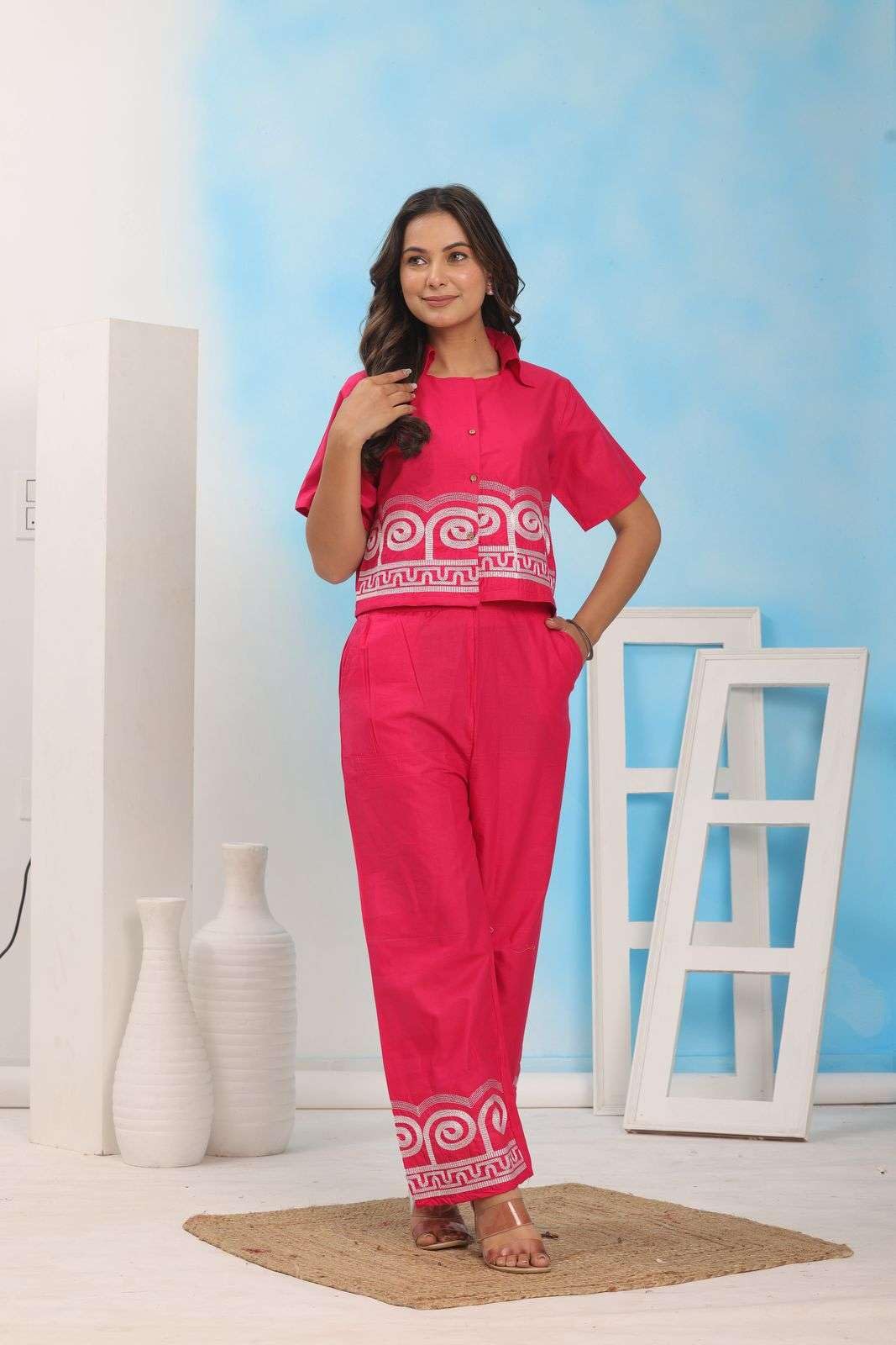 Women’s Cotton Co-Ord Set – Short Sleeve Shirt with Embroidery & Wide Leg Pants (BLACKLUXE CRAFTS) - BLACKLUXECRAFTS
