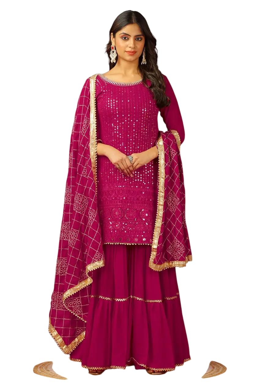 Georgette Sharara Suit with Mirror Work & Embroidered Dupatta | Party Wear Indian Ethnic Set (BLACKLUXE CRAFTS) - BLACKLUXECRAFTS