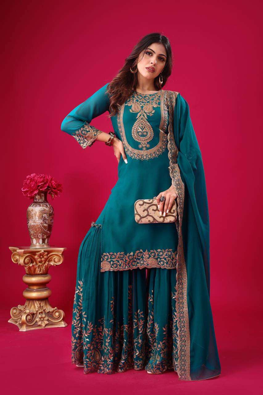 Women's Faux Georgette Ensemble with Embroidery & Sequence Work Kurti With Sharara and Dupatta Set (BLACKLUXE CRAFTS) - BLACKLUXECRAFTS