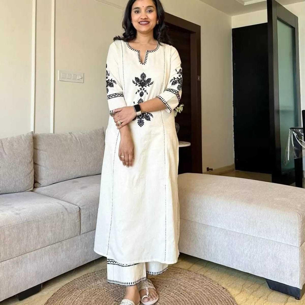 White Kurti with Black Embroidery & Palazzo Set – Women’s Elegant Ethnic Wear for Casual & Festive Occasions
(BLACKLUXE CRAFTS) - BLACKLUXECRAFTS