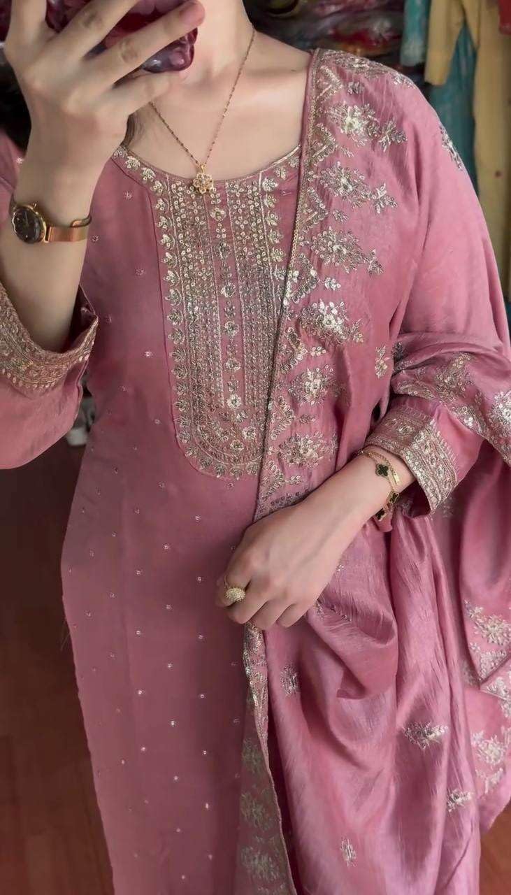 Women's Chinnon Silk Embroidery Sequence Work Straight Kurti With Pant & Dupatta Set (BLACKLUXE CRAFTS) - BLACKLUXECRAFTS