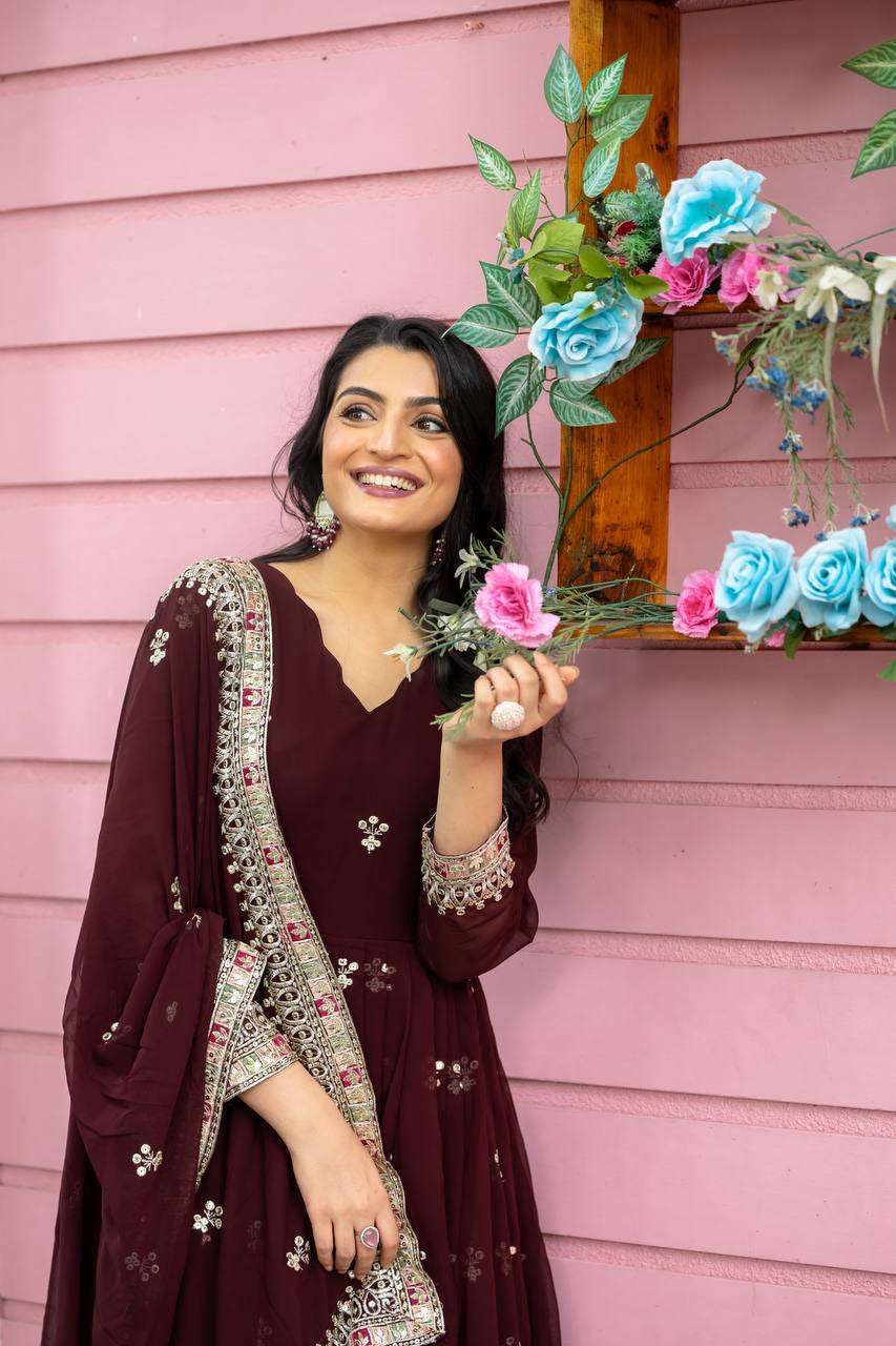 Maroon Anarkali Dress with Embroidered Dupatta | Indian Pakistani Party Wear Long Gown for Women (BLACKLUXE CRAFTS) - BLACKLUXECRAFTS