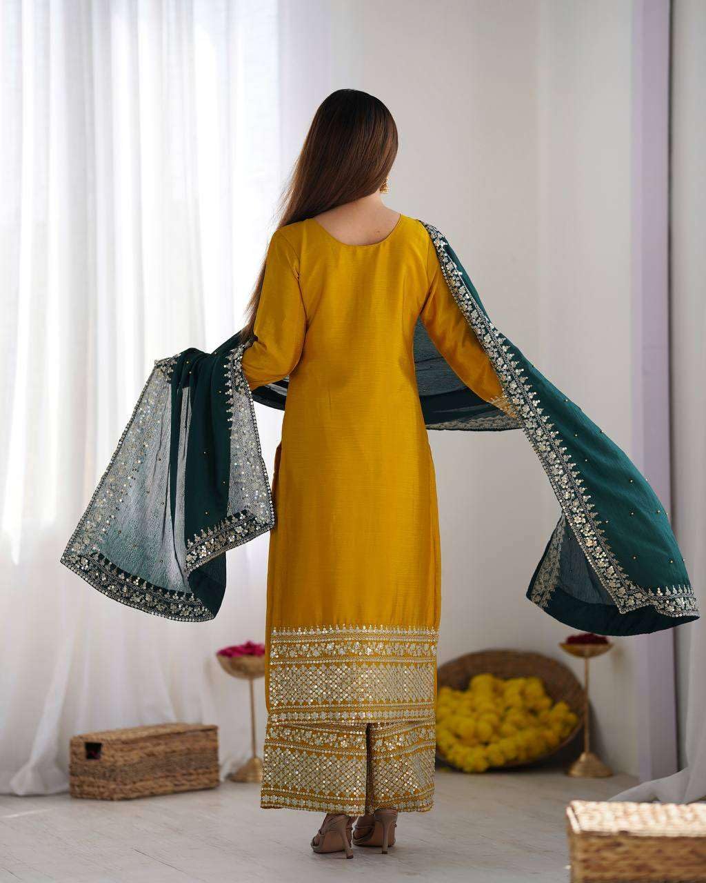 Women's Chinnon Silk Embroidered Straight Kurti With Pants and Dupatta Set (BLACKLUXE CRAFTS) - BLACKLUXECRAFTS