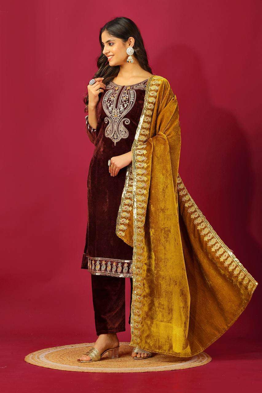 Velvet Embroidered Suit Set with Pink Dupatta – Designer Indian Wedding & Festive Wear Outfit (BLACKLUXE CRAFTS) - BLACKLUXECRAFTS
