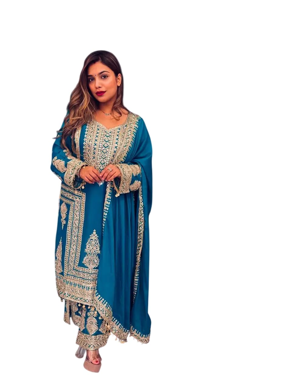Women's Pure Chinnon Silk Embroidered Straight Kurti with Plazzo and Dupatta Set(BLACKLUXE CRAFTS) - BLACKLUXECRAFTS