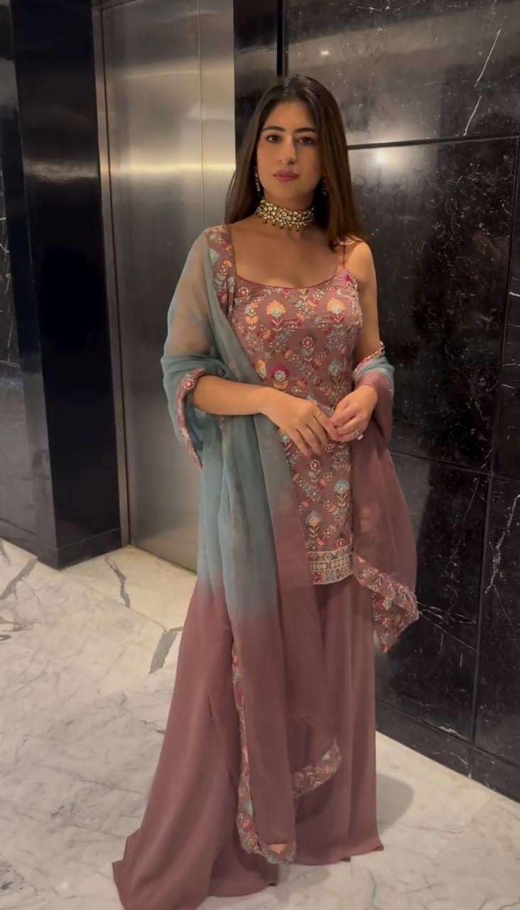 Women's Faux Georgette Embroidered Sleeveless Straight Kurti with Sharara and Dupatta Set (BLACKLUXE CRAFTS) - BLACKLUXECRAFTS