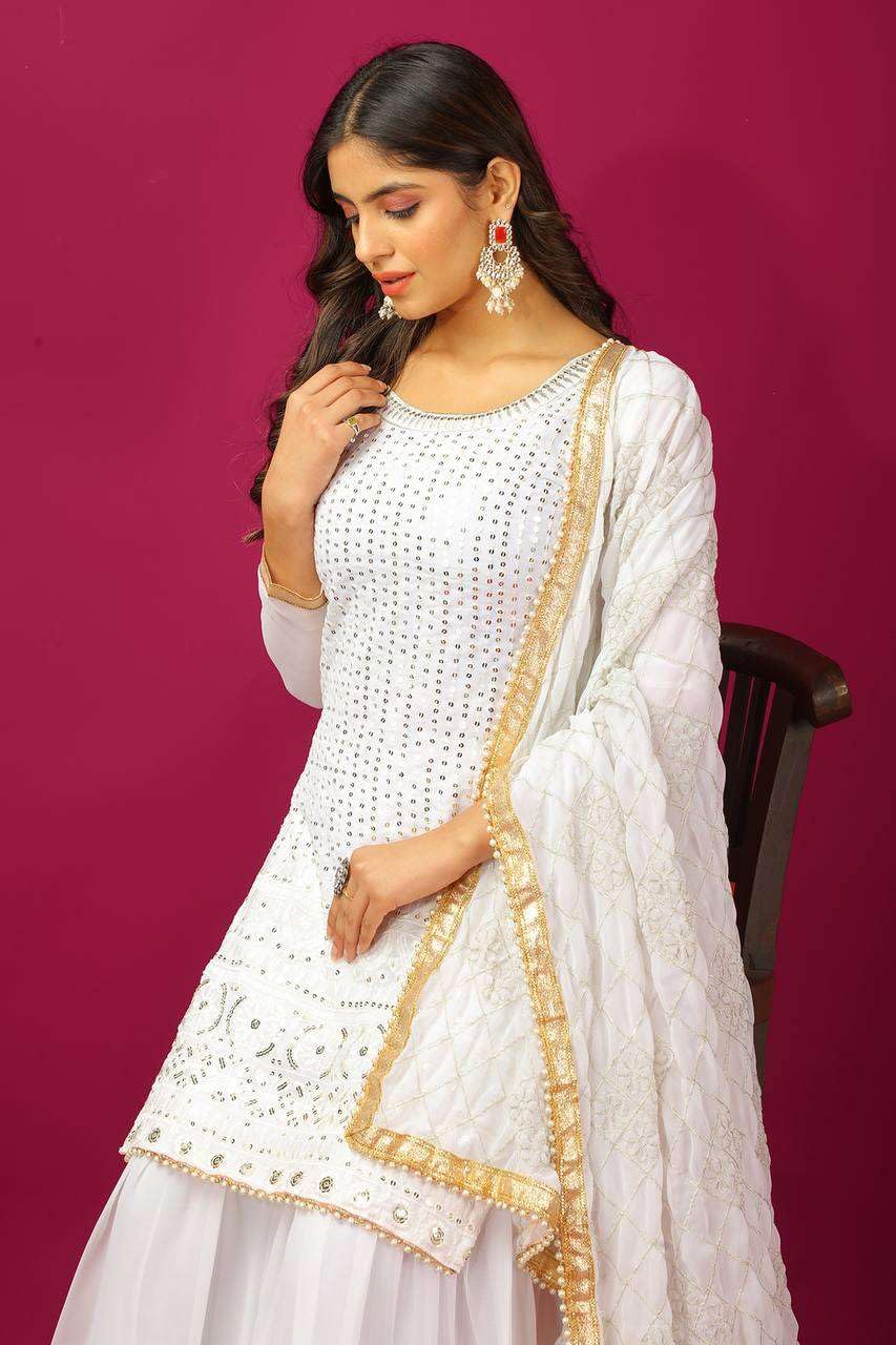 Georgette Sharara Suit with Mirror Work & Embroidered Dupatta | Party Wear Indian Ethnic Set (BLACKLUXE CRAFTS) - BLACKLUXECRAFTS