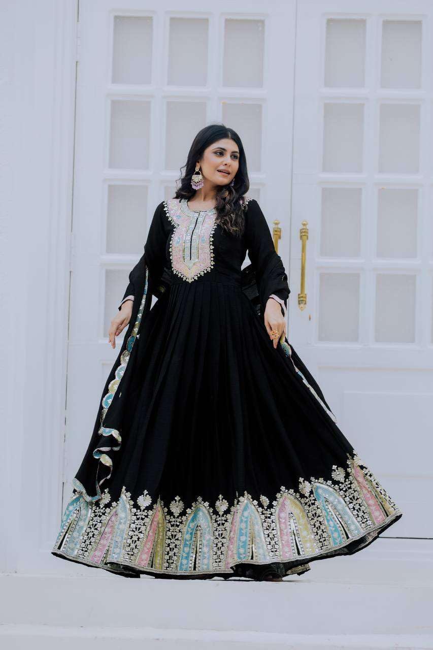 Anarkali Gown with Multicolor Embroidery | Designer Indian Party & Wedding Wear Dress (BLACKLUXE CRAFTS) - BLACKLUXECRAFTS