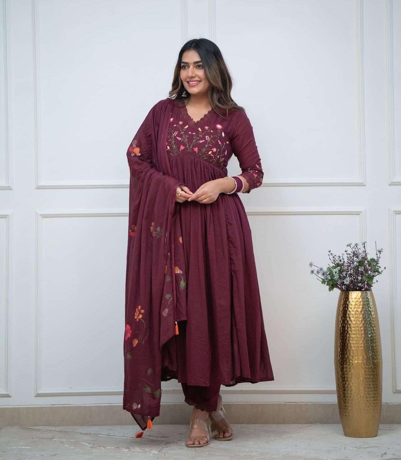 Women's Cotton Embroidered Long Anarkali Kurti With Pant and Dupatta Set (BLACKLUXE CRAFTS) - BLACKLUXECRAFTS