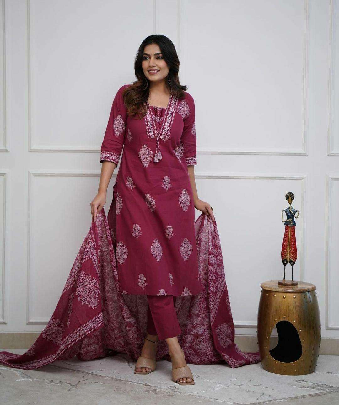 Embroidered Cotton Kurta Set with Dupatta – Elegant Indian Ethnic Wear for Women (BLACKLUXE CRAFTS) - BLACKLUXECRAFTS