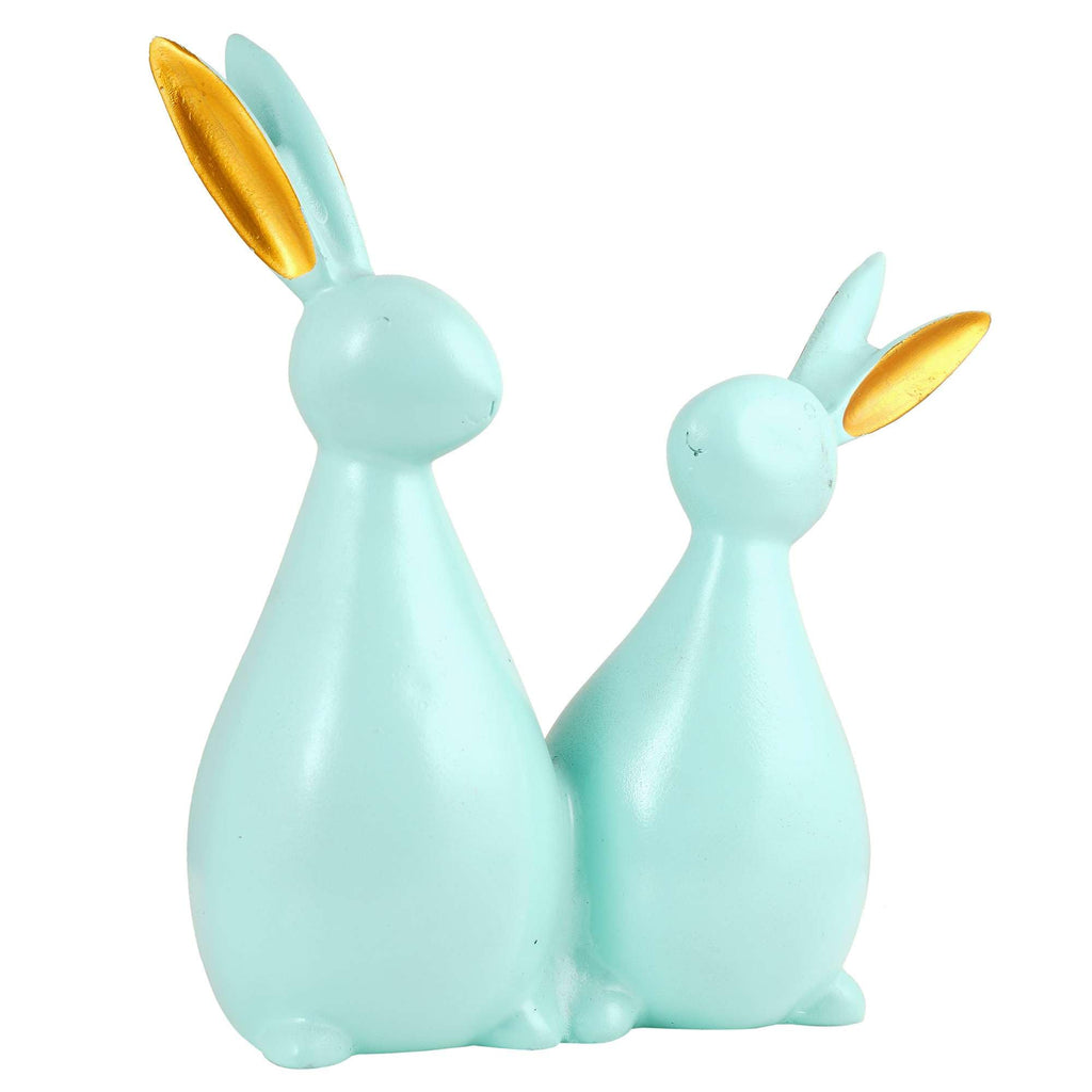 Handmade Aqua Blue Bunny Couple Figurine – Modern Resin Rabbit Statue with Golden Ears for Home Décor & Gifting (BLACKLUXE CRAFTS) - BLACKLUXECRAFTS