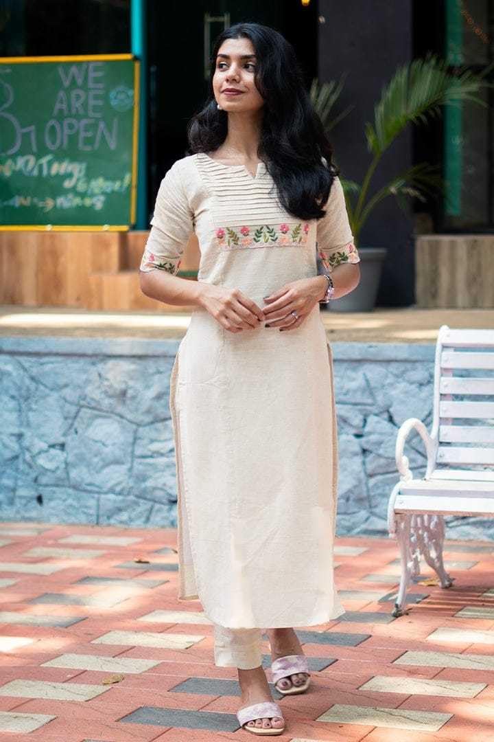 Cotton Kurta Set with Floral Embroidery | Women’s Indian Ethnic Wear | Straight Suit with Pants (BLACKLUXECRAFTS) - BLACKLUXECRAFTS