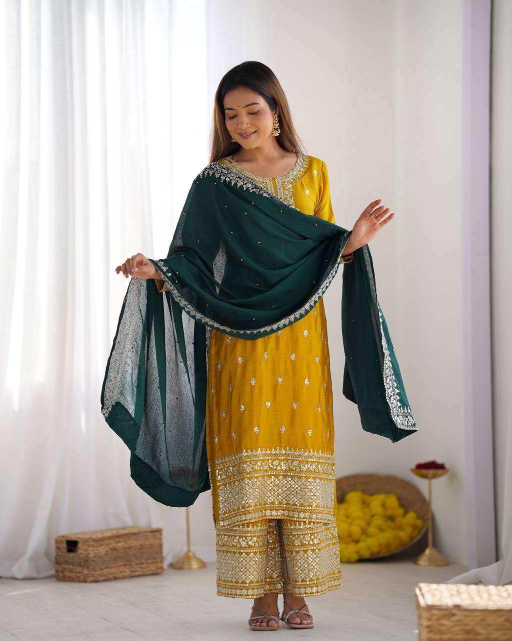 Women's Chinnon Silk Embroidered Straight Kurti With Pants and Dupatta Set (BLACKLUXE CRAFTS) - BLACKLUXECRAFTS