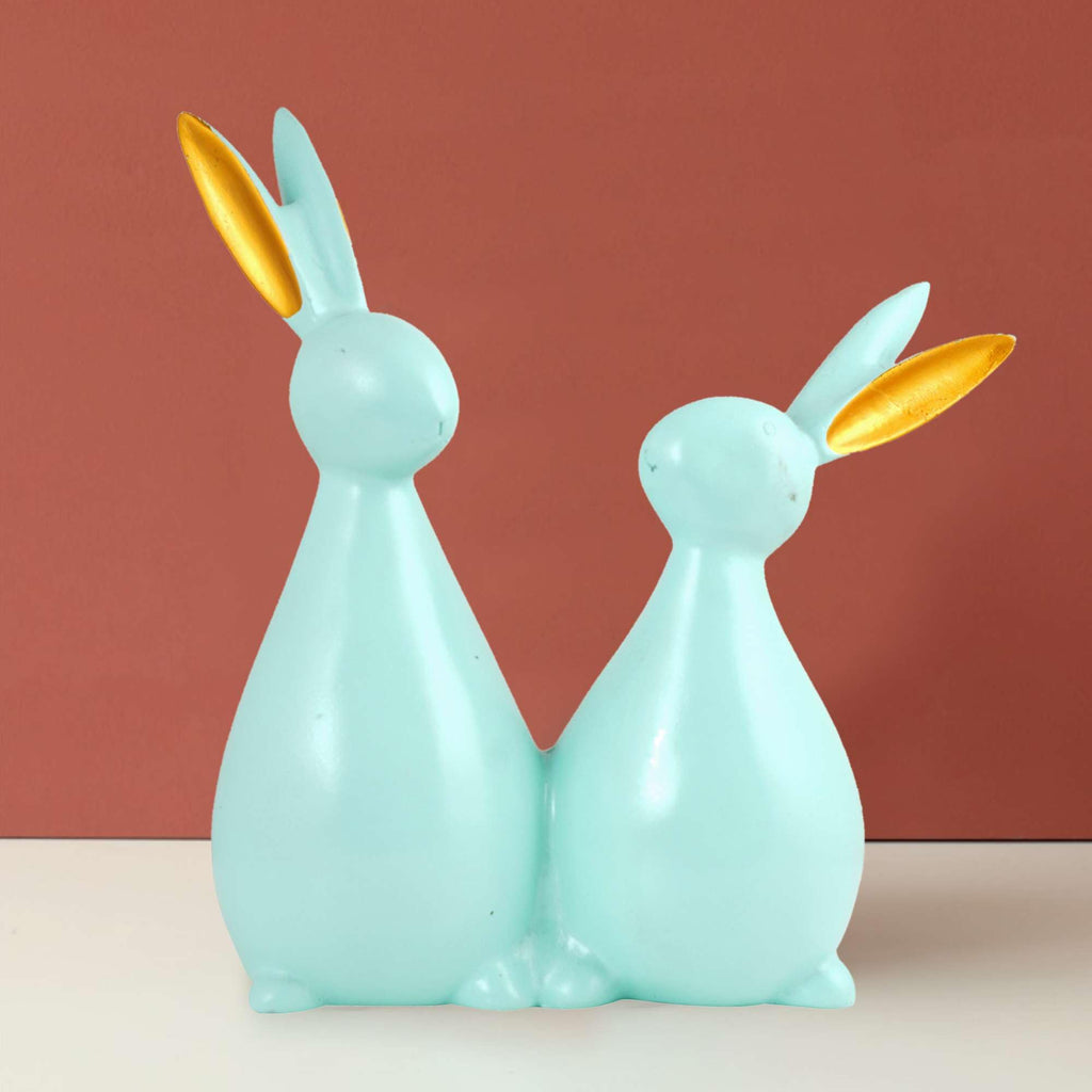 Handmade Aqua Blue Bunny Couple Figurine – Modern Resin Rabbit Statue with Golden Ears for Home Décor & Gifting (BLACKLUXE CRAFTS) - BLACKLUXECRAFTS
