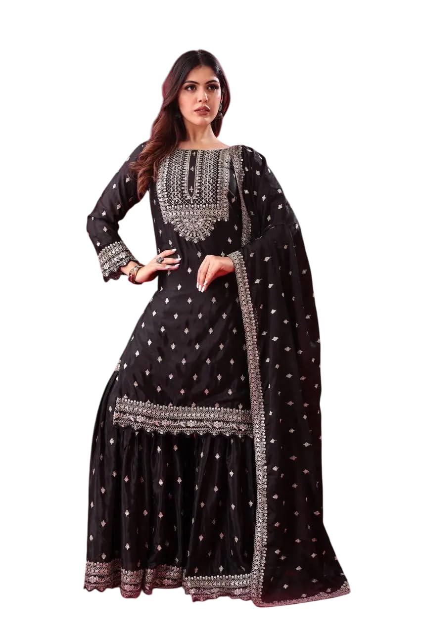 Embroidered Sharara Suit with Dupatta – Designer Party Wear Indian Outfit for Women (BLACKLUXE CRAFTS) - BLACKLUXECRAFTS
