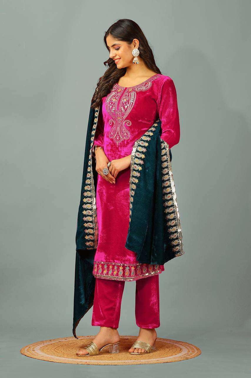 Velvet Embroidered Suit Set with Pink Dupatta – Designer Indian Wedding & Festive Wear Outfit (BLACKLUXE CRAFTS) - BLACKLUXECRAFTS