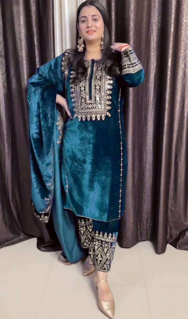 Women's Viscose Velvet Embroidery and Sequence Work Straight Kurti with Pant & Dupatta Set (Teal Blue-L)(BLACKLUXE CRAFTS) - BLACKLUXECRAFTS