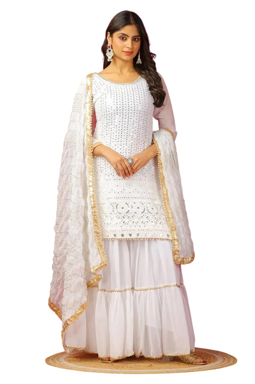 Georgette Sharara Suit with Mirror Work & Embroidered Dupatta | Party Wear Indian Ethnic Set (BLACKLUXE CRAFTS) - BLACKLUXECRAFTS