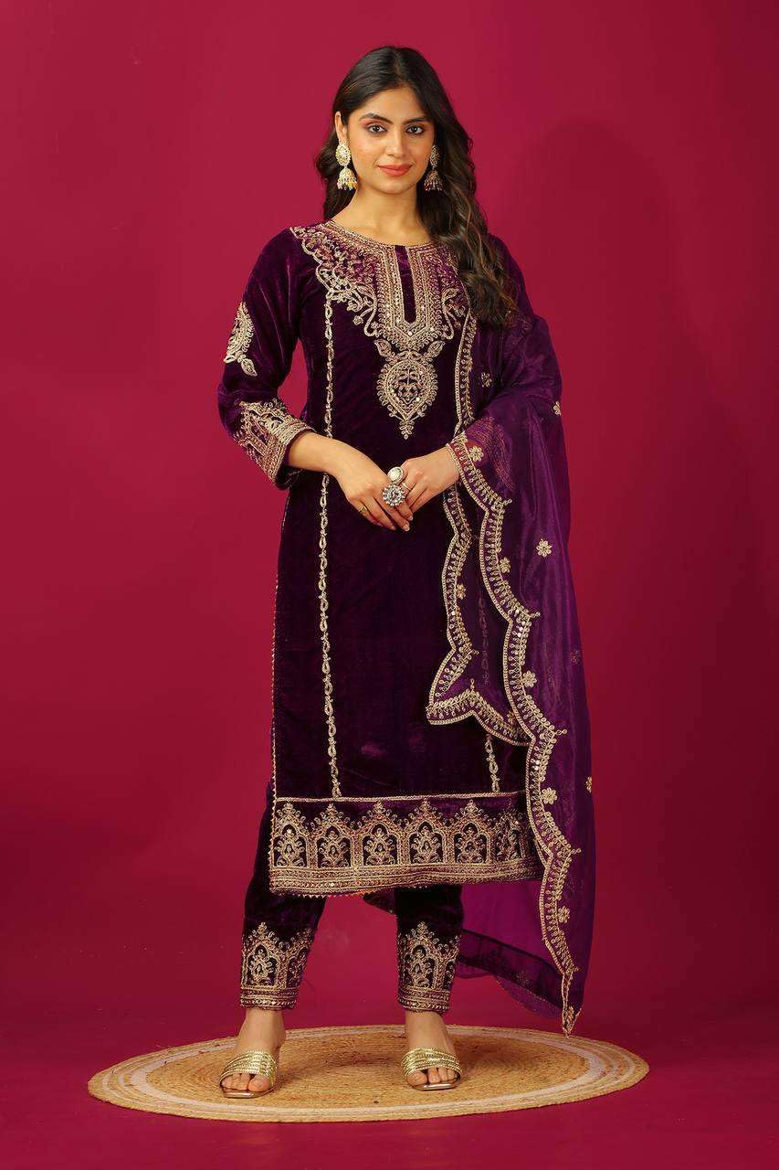 Maroon Velvet Straight Suit with Heavy Golden Embroidery & Net Dupatta | Party & Wedding Wear (BLACKLUXE CRAFTS) - BLACKLUXECRAFTS