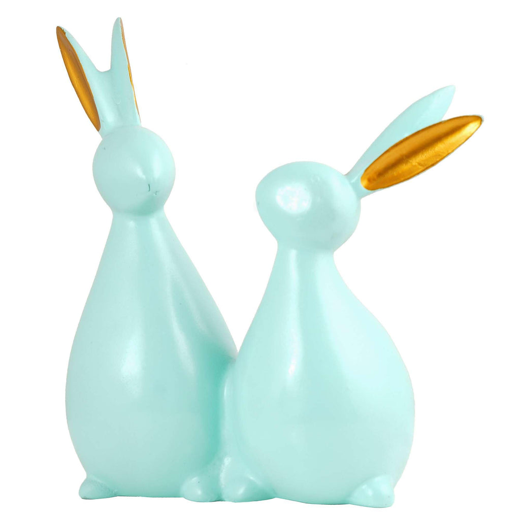Handmade Aqua Blue Bunny Couple Figurine – Modern Resin Rabbit Statue with Golden Ears for Home Décor & Gifting (BLACKLUXE CRAFTS) - BLACKLUXECRAFTS