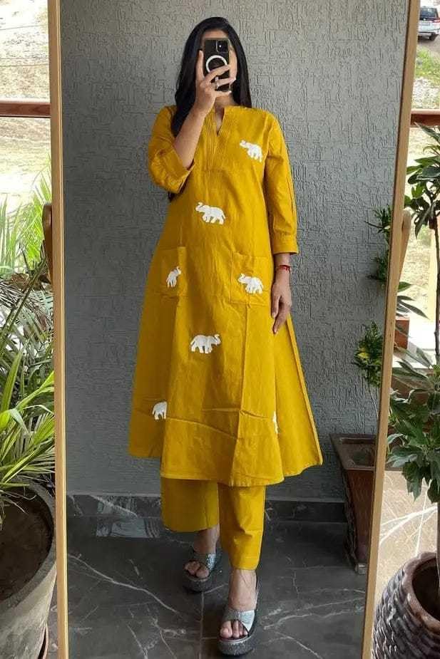 Handmade Cotton Kurta Set with Blue Elephant Embroidery – Casual & Office Wear for Women (BLACKLUXE CRAFTS) - BLACKLUXECRAFTS
