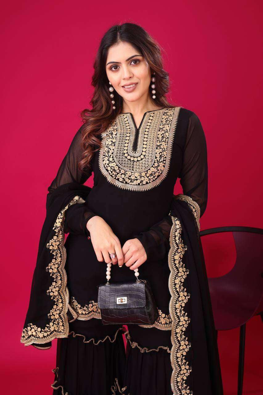 Women's Faux Georgette Embroidered Kurti With Plazzo and Dupatta Set (BLACKLUXE CRAFTS) - BLACKLUXECRAFTS