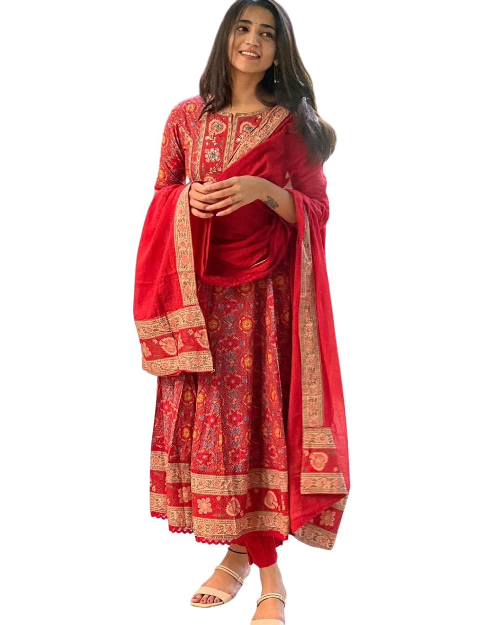 Women's Cotton Anarkali Embroidery red Designer Long Anarkali Kurti With Pant and Dupatta Set (BLACKLUXE CRAFTS) - BLACKLUXECRAFTS