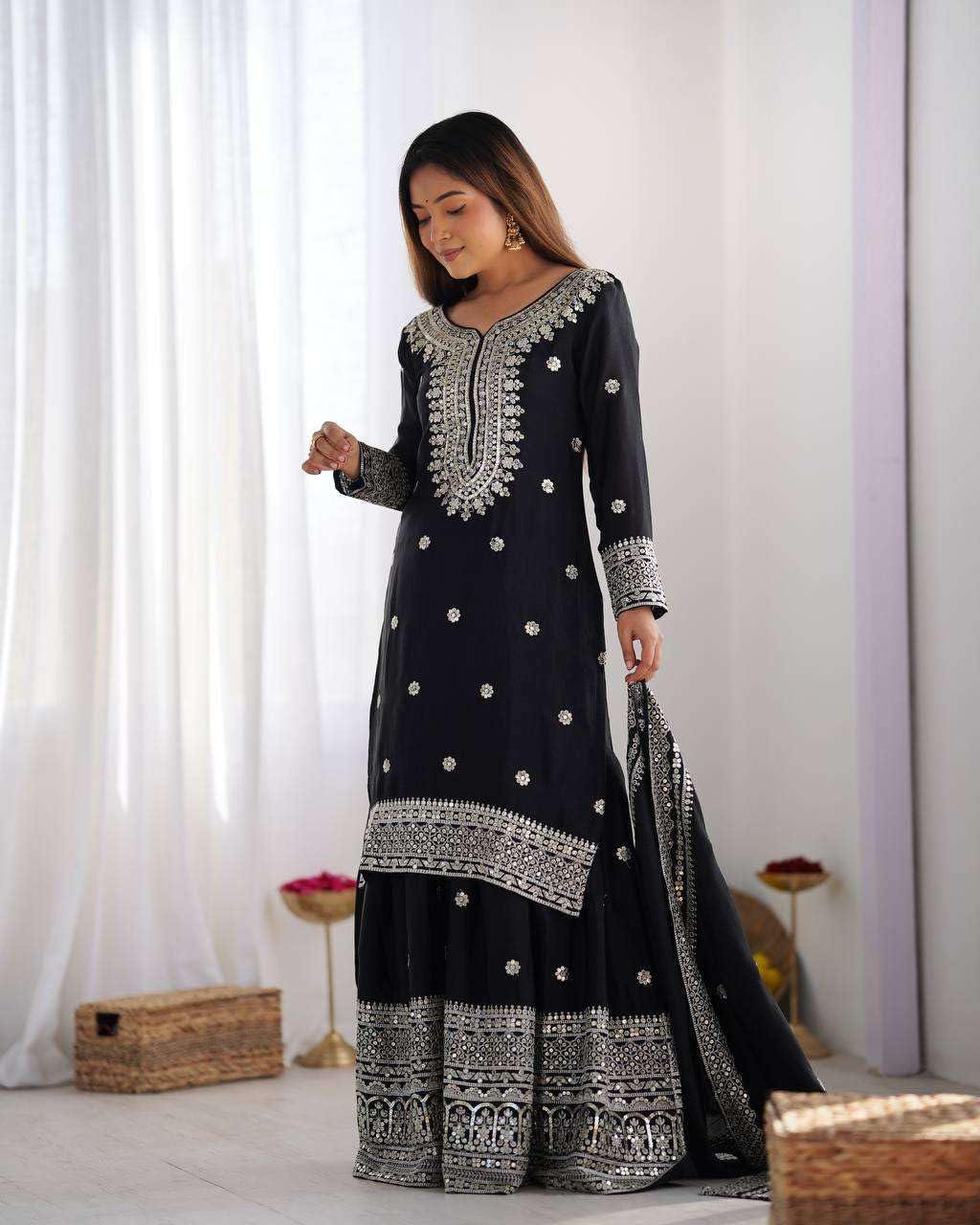 Mirror Work Sharara Suit with Dupatta | Indian Designer Ethnic Wear | Party & Wedding Outfit for Women (BLACKLUXE CRAFTS) - BLACKLUXECRAFTS