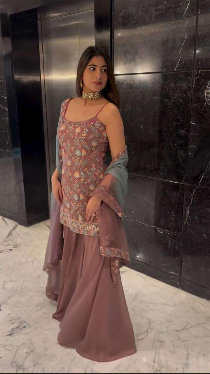 Women's Faux Georgette Embroidered Sleeveless Straight Kurti with Sharara and Dupatta Set (BLACKLUXE CRAFTS) - BLACKLUXECRAFTS