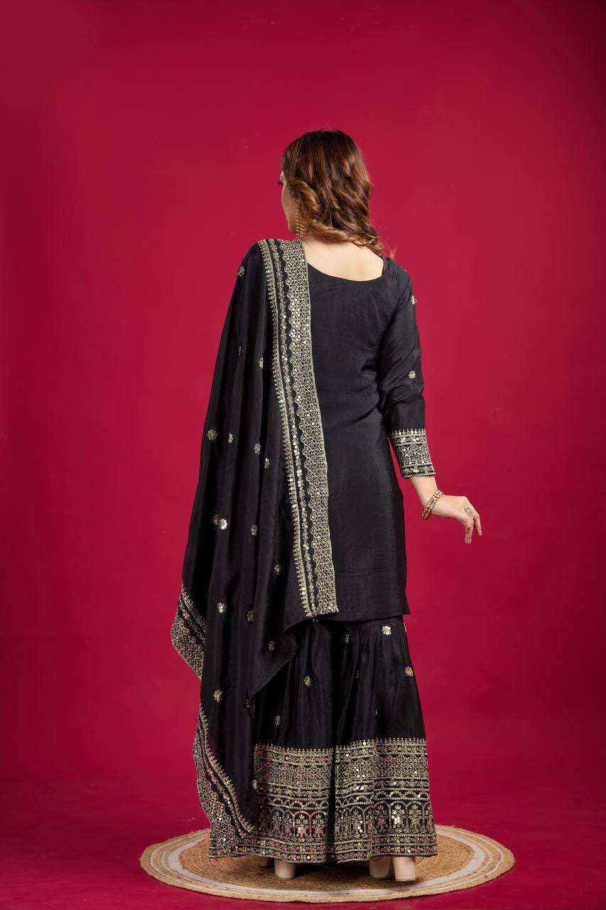 Black Embroidered Sharara Suit with Dupatta | Designer Indian Ethnic Wear | Party & Wedding Outfit for Women (BLACKLUXE CRAFTS) - BLACKLUXECRAFTS