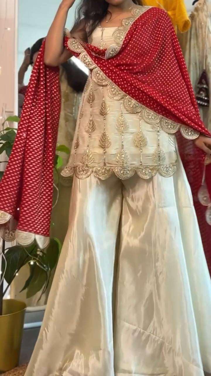 Cream Golden Embroidered Sharara Suit with Red Dupatta – Wedding Party Wear Indian Ethnic Outfit for Women
(BLACKLUXE CRAFTS) - BLACKLUXECRAFTS