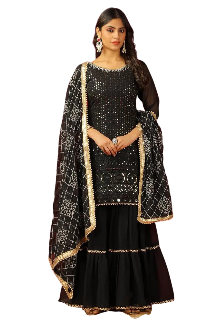 Georgette Sharara Suit with Mirror Work & Embroidered Dupatta | Party Wear Indian Ethnic Set (BLACKLUXE CRAFTS) - BLACKLUXECRAFTS