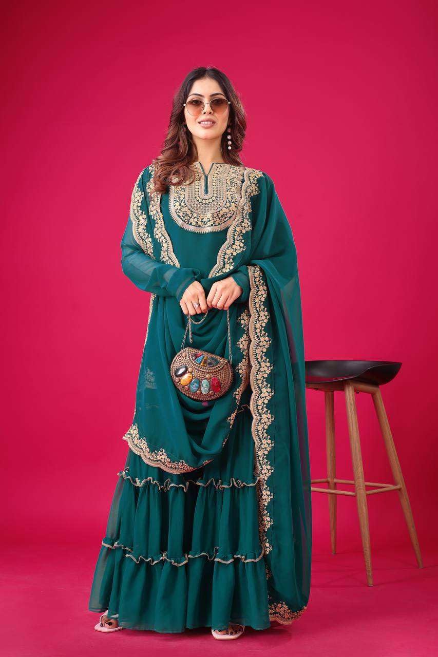 Women's Faux Georgette Embroidered Kurti With Plazzo and Dupatta Set (BLACKLUXE CRAFTS) - BLACKLUXECRAFTS
