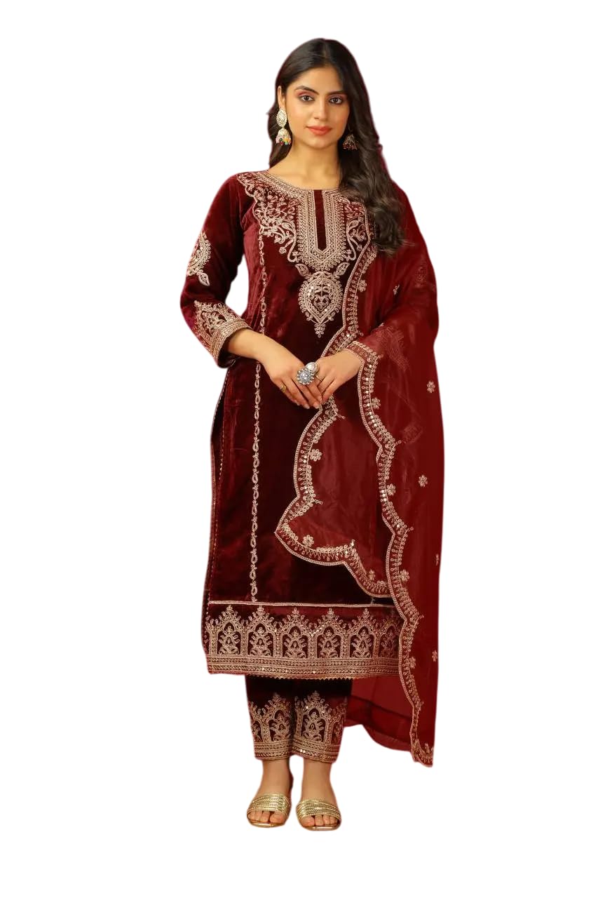 Maroon Velvet Straight Suit with Heavy Golden Embroidery & Net Dupatta | Party & Wedding Wear (BLACKLUXE CRAFTS) - BLACKLUXECRAFTS
