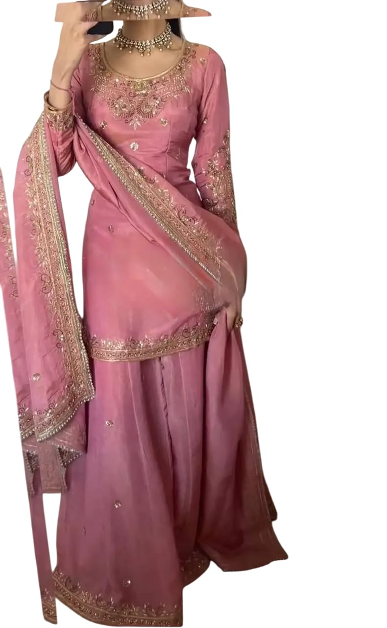 Pink Embroidered Sharara Suit with Heavy Dupatta | Party & Wedding Wear Indian Ethnic Outfit (BLACKLUXE CRAFTS) - BLACKLUXECRAFTS