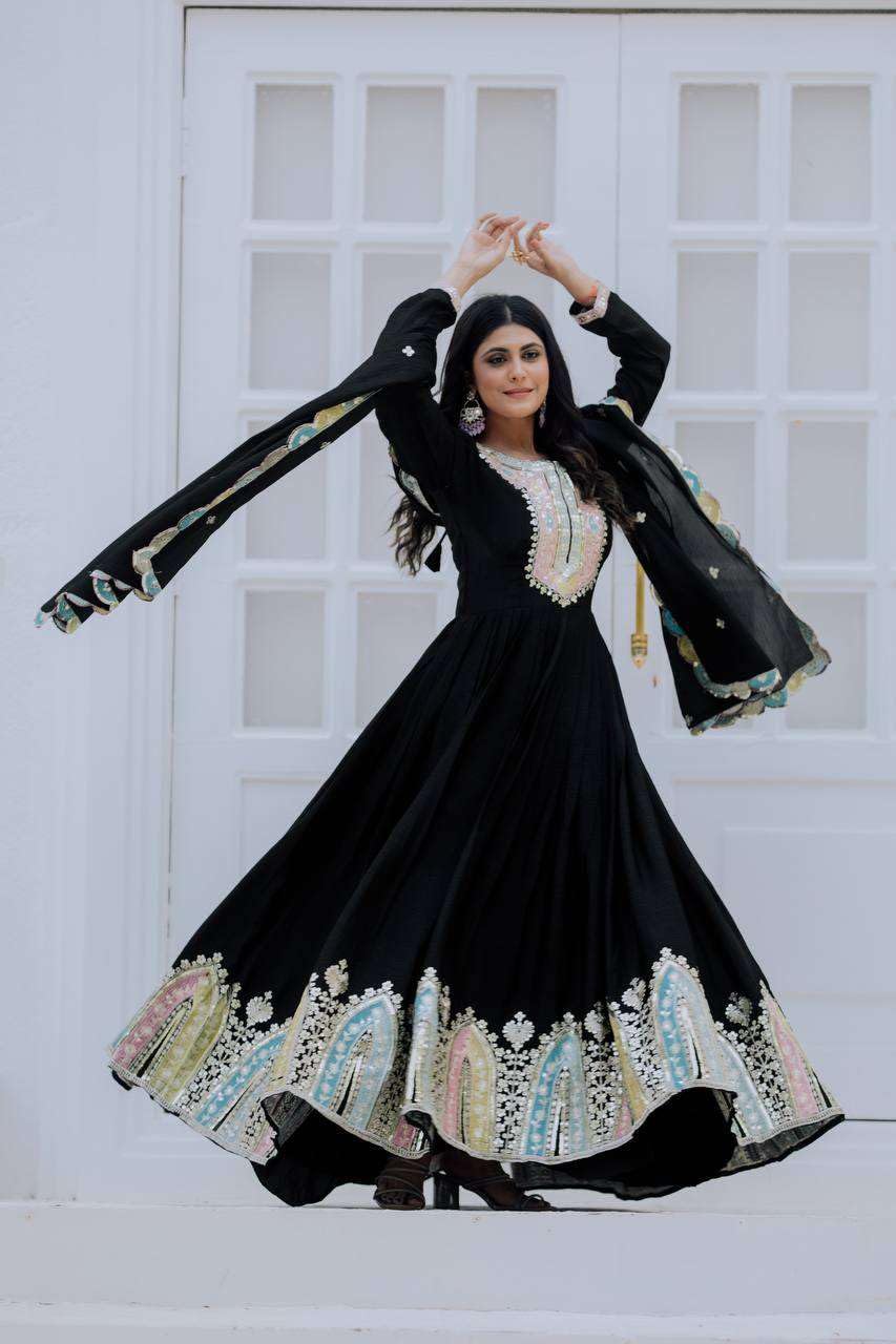 Anarkali Gown with Multicolor Embroidery | Designer Indian Party & Wedding Wear Dress (BLACKLUXE CRAFTS) - BLACKLUXECRAFTS