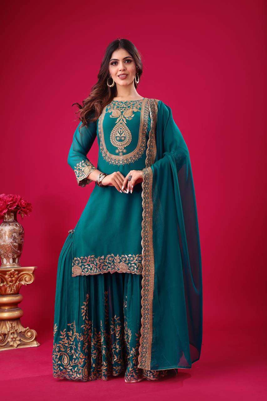 Women's Faux Georgette Ensemble with Embroidery & Sequence Work Kurti With Sharara and Dupatta Set (BLACKLUXE CRAFTS) - BLACKLUXECRAFTS