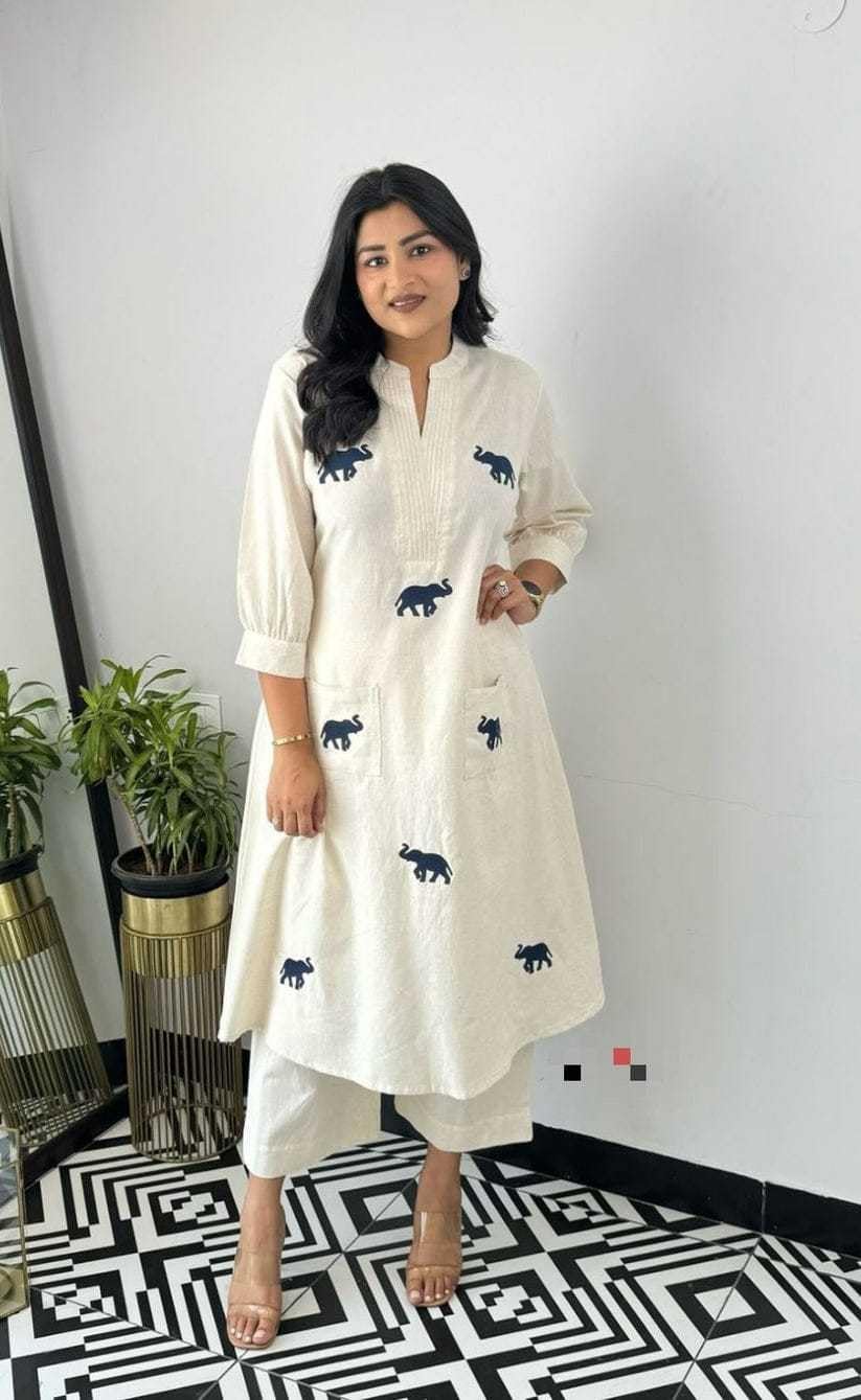 Handmade Cotton Kurta Set with Blue Elephant Embroidery – Casual & Office Wear for Women (BLACKLUXE CRAFTS) - BLACKLUXECRAFTS