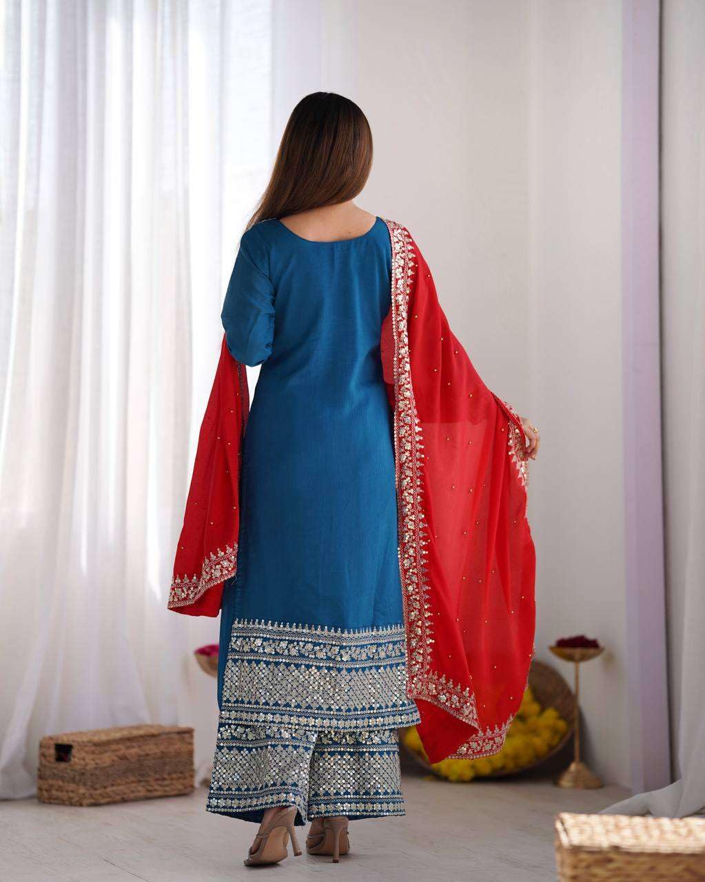 Women's Chinnon Silk Embroidered Straight Kurti With Pants and Dupatta Set (BLACKLUXE CRAFTS) - BLACKLUXECRAFTS