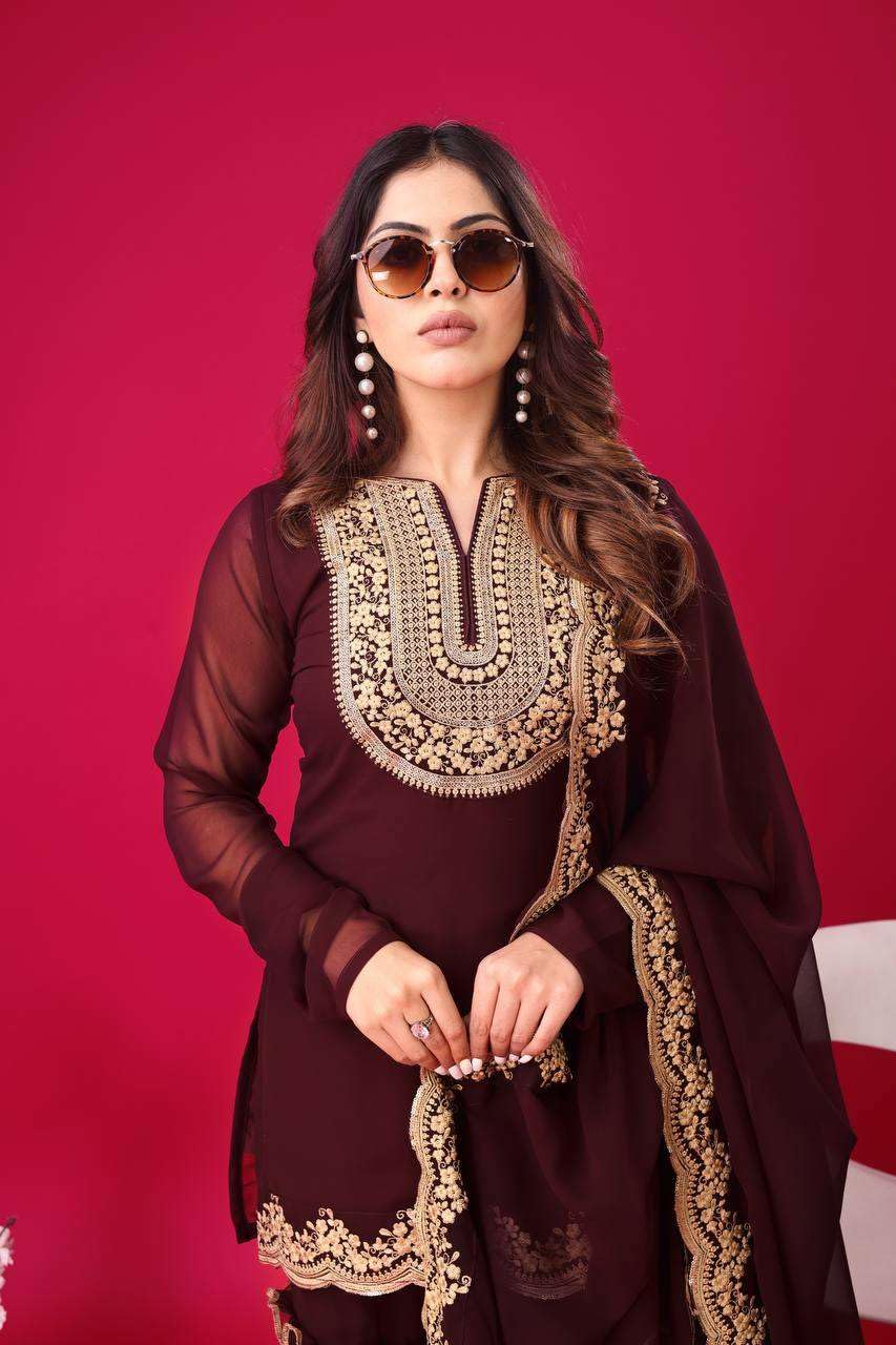 Women's Faux Georgette Embroidered Kurti With Plazzo and Dupatta Set (BLACKLUXE CRAFTS) - BLACKLUXECRAFTS