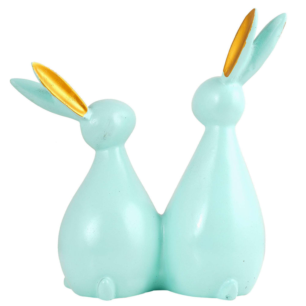 Handmade Aqua Blue Bunny Couple Figurine – Modern Resin Rabbit Statue with Golden Ears for Home Décor & Gifting (BLACKLUXE CRAFTS) - BLACKLUXECRAFTS