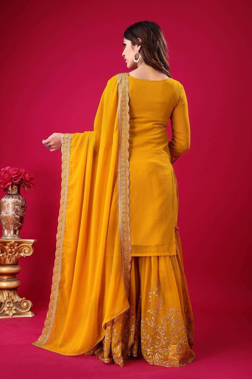 Women's Faux Georgette Ensemble with Embroidery & Sequence Work Kurti With Sharara and Dupatta Set (BLACKLUXE CRAFTS) - BLACKLUXECRAFTS